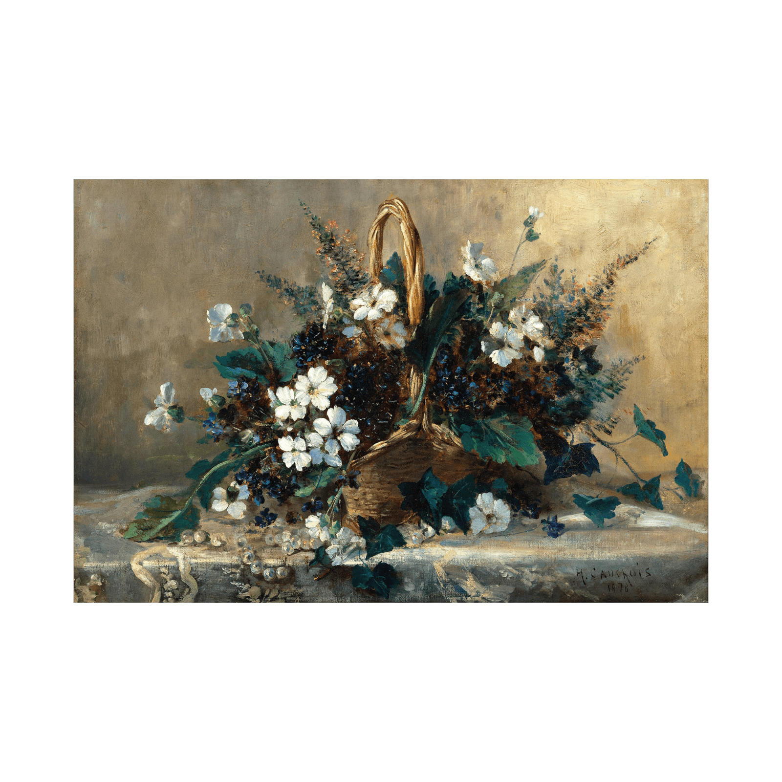 A Wicker Basket with Black Hellebore and Violets, Eugène Henri Cauchois - ArtDeco Canvas