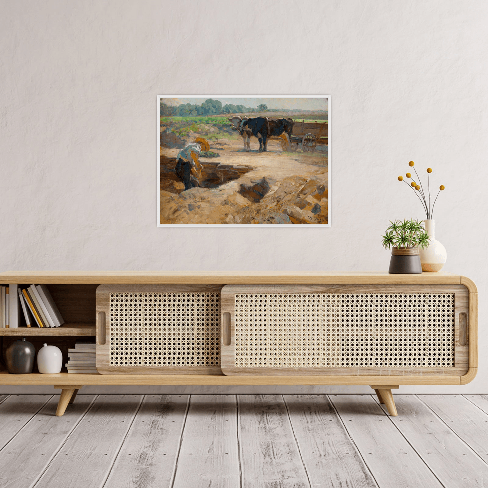 A peat digger with a team of oxen, Heinrich Von Zügel - ArtDeco Canvas