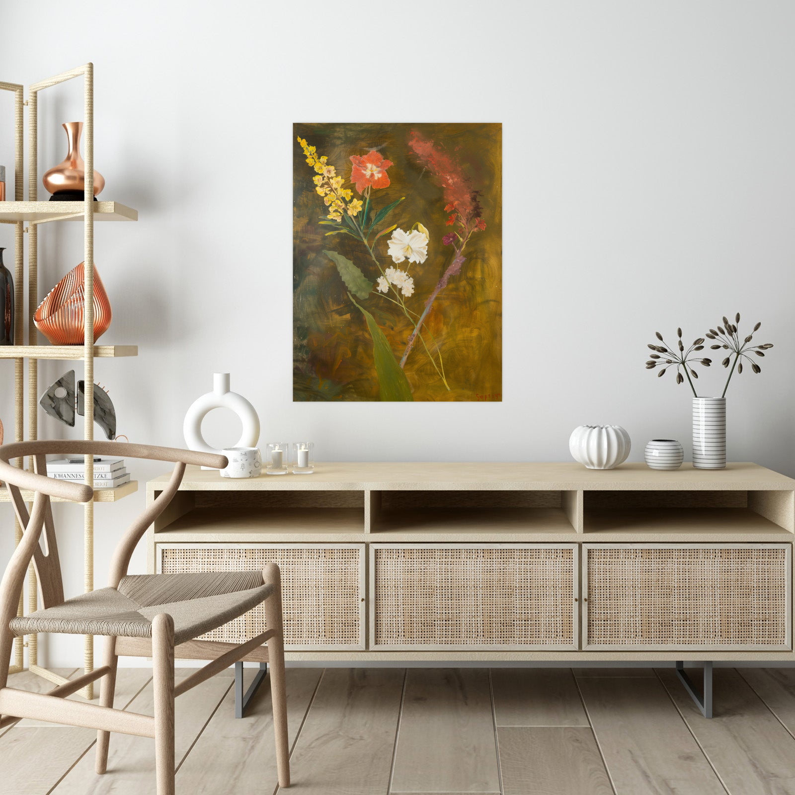 Floral arrangement on brownish background