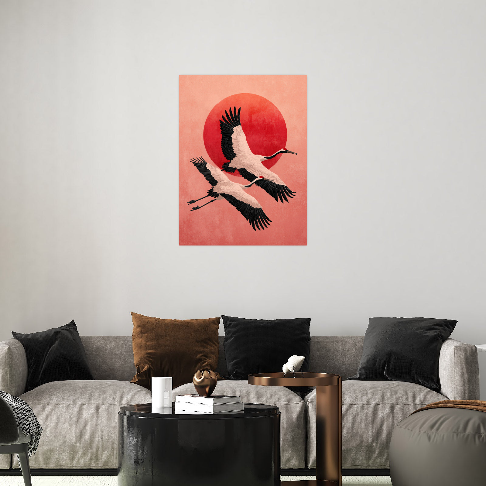 Flying Cranes – Japanese Minimalist Art with Red Sun