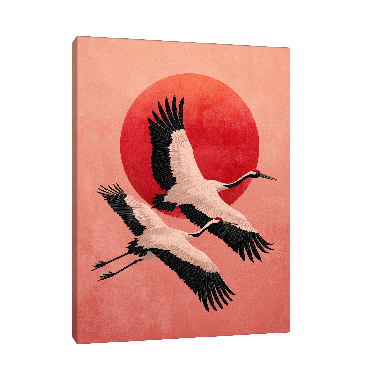 Flying Cranes – Japanese Minimalist Art with Red Sun