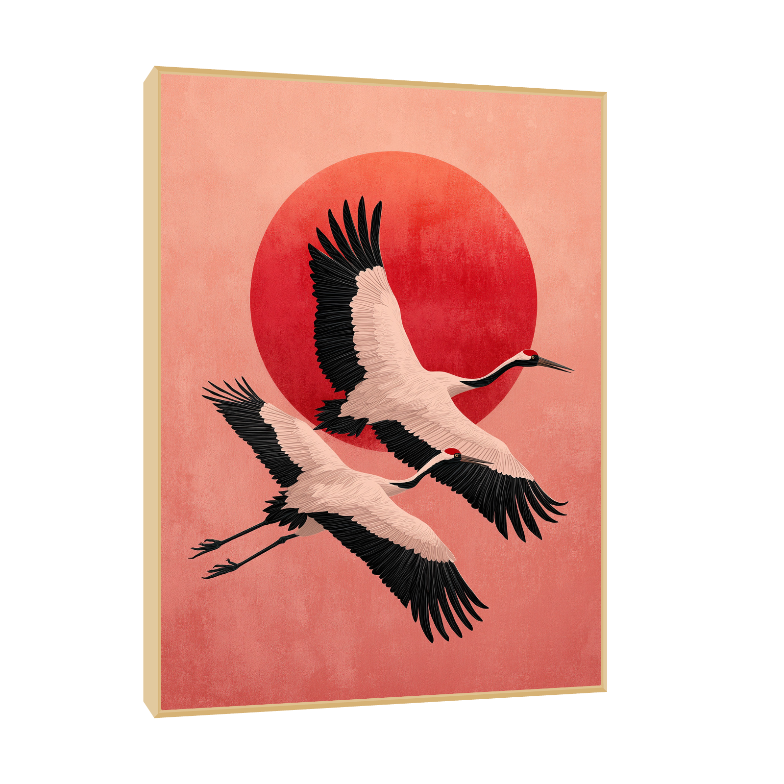Flying Cranes – Japanese Minimalist Art with Red Sun