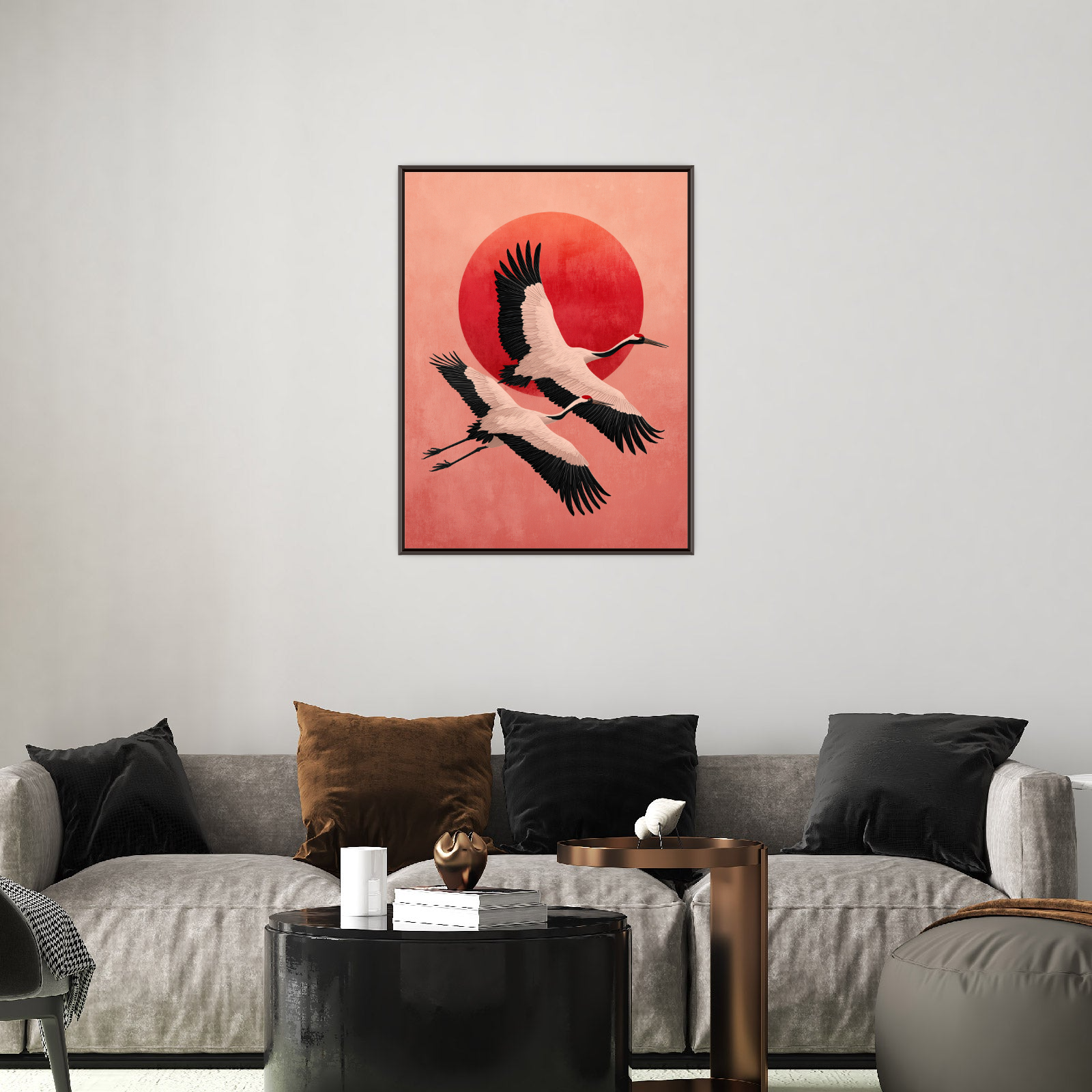 Flying Cranes – Japanese Minimalist Art with Red Sun