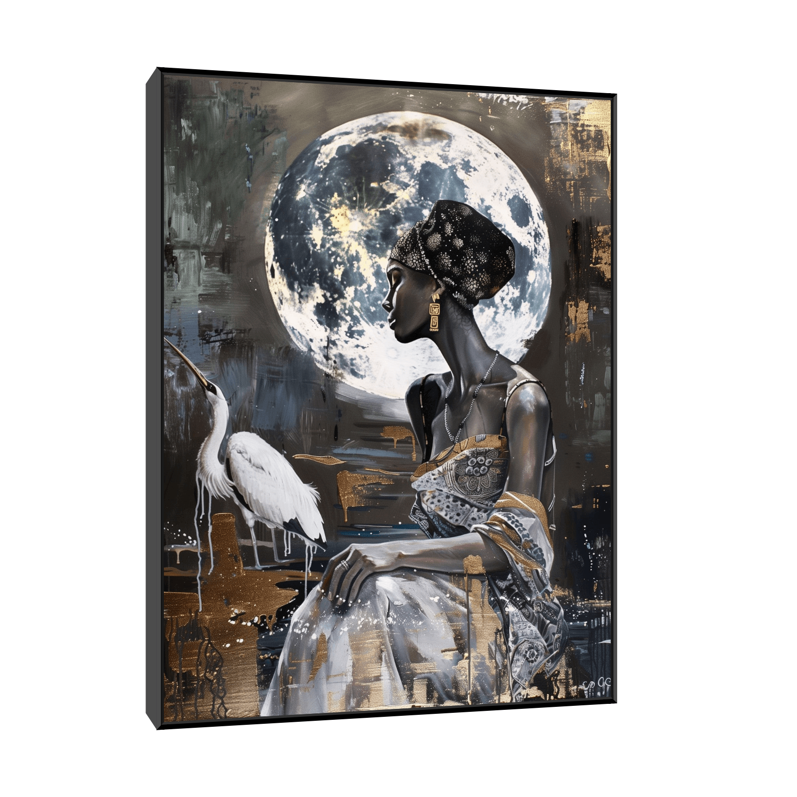 Girl with the heron in the moonlight - ArtDeco Canvas