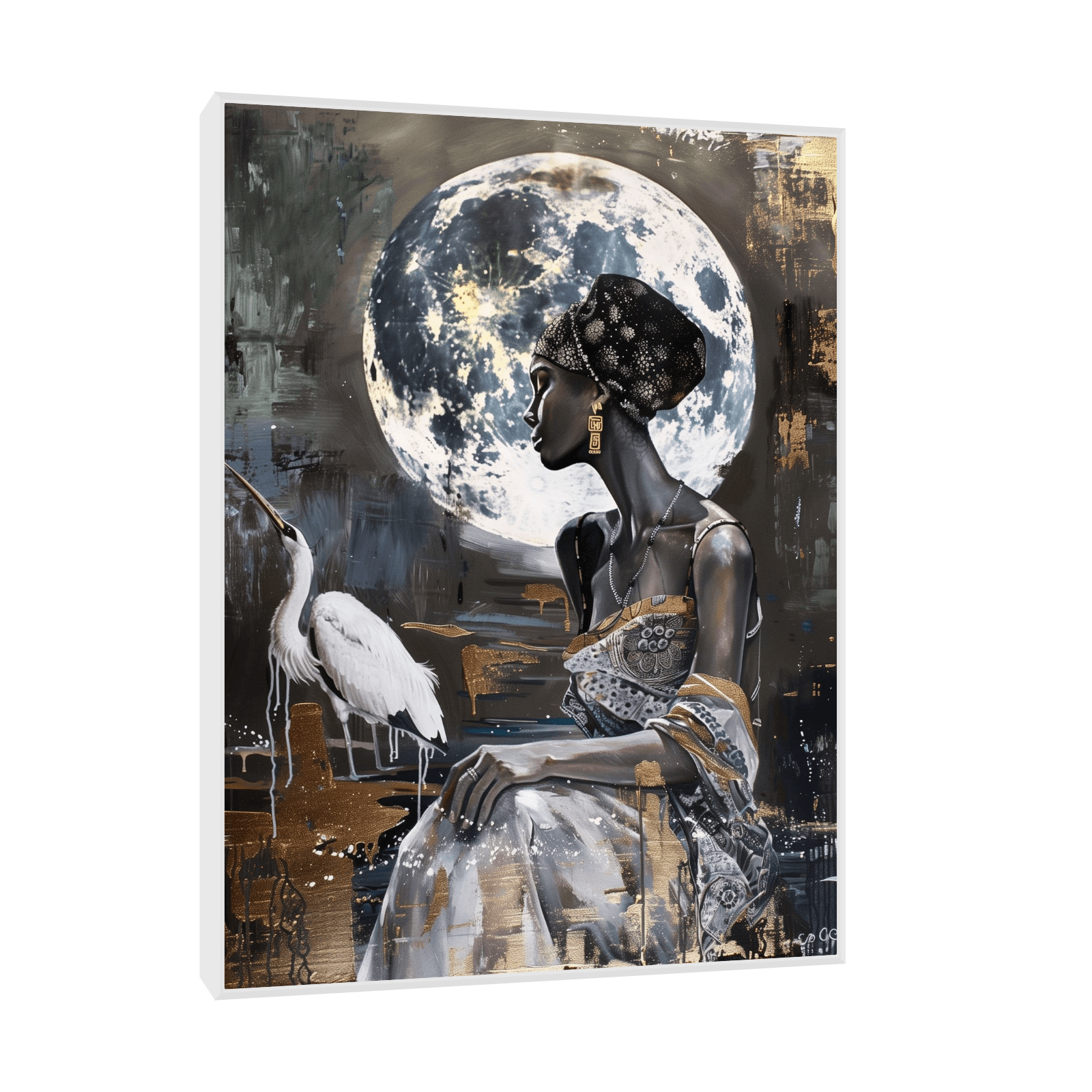 Girl with the heron in the moonlight - ArtDeco Canvas
