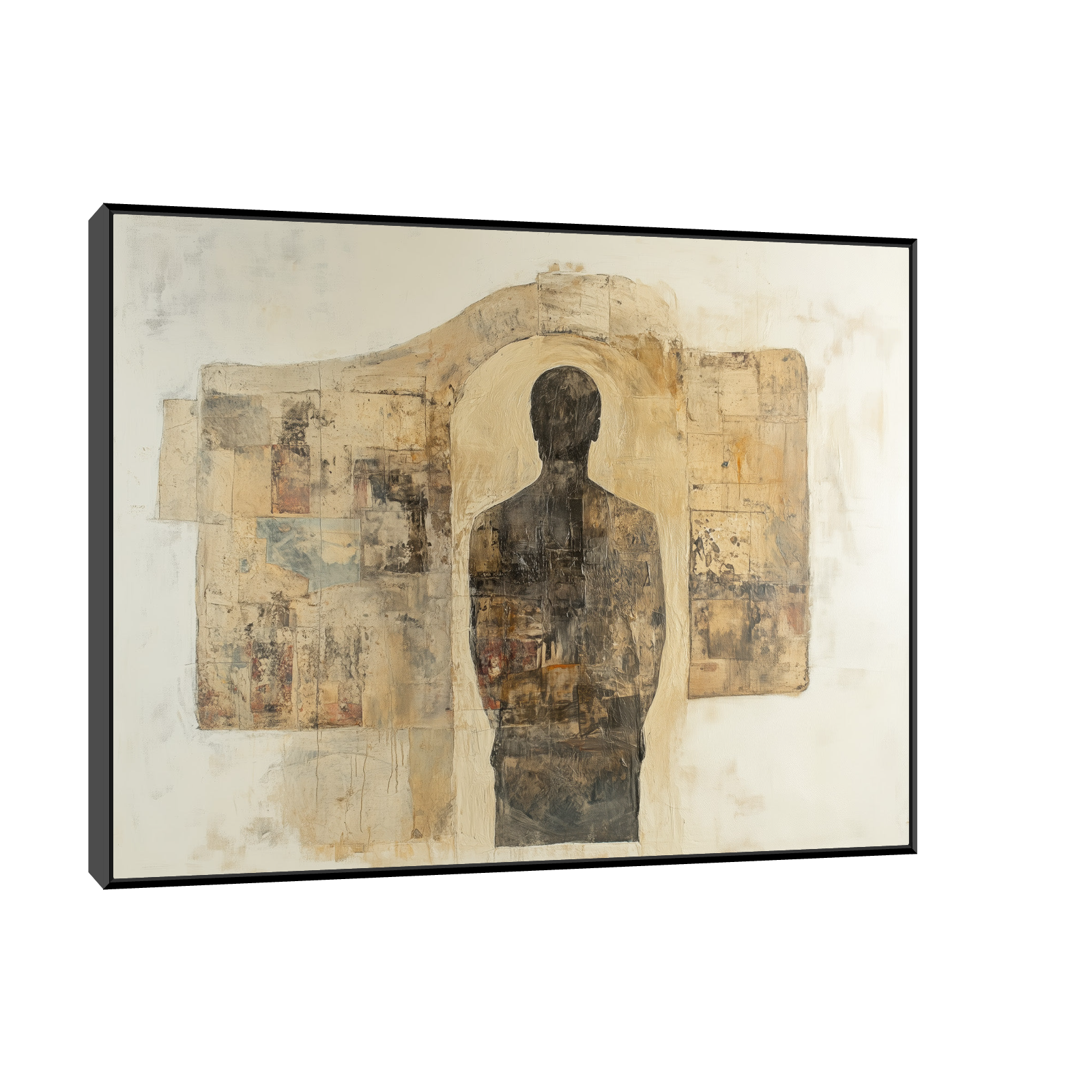 Abstract artwork of a human silhouette standing within a doorway shape, set against a textured neutral background with collage-like layers in earthy tones.