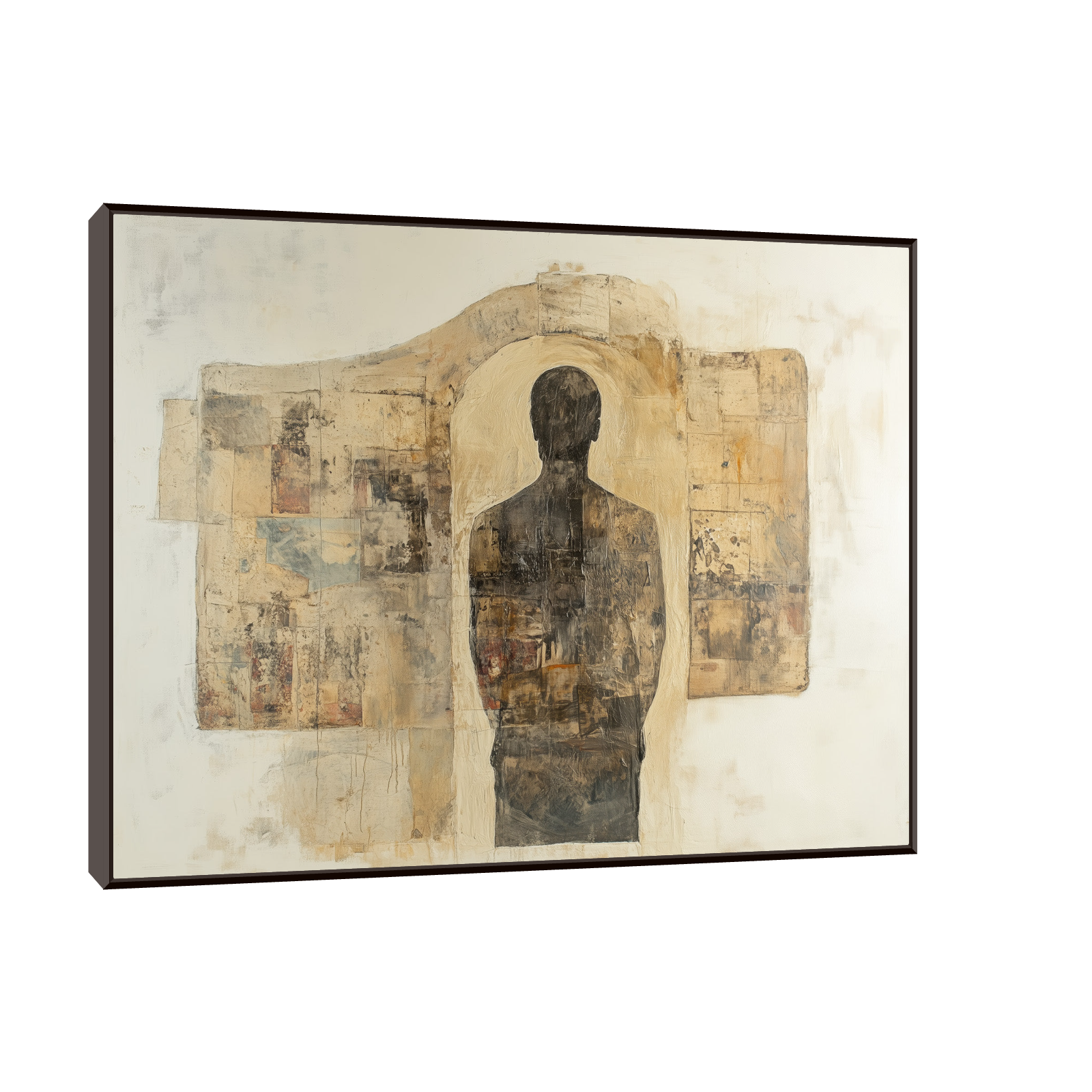 Abstract artwork of a human silhouette standing within a doorway shape, set against a textured neutral background with collage-like layers in earthy tones.