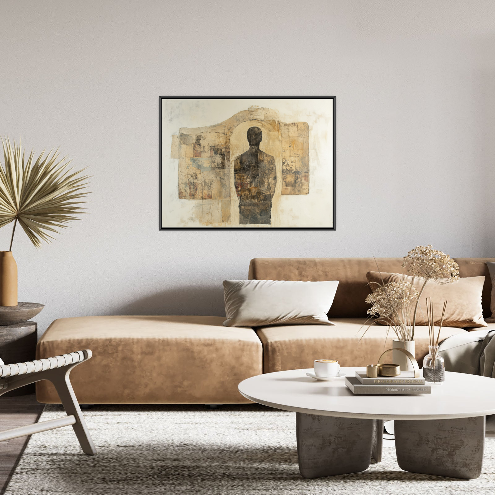 Abstract artwork of a human silhouette standing within a doorway shape, set against a textured neutral background with collage-like layers in earthy tones.
