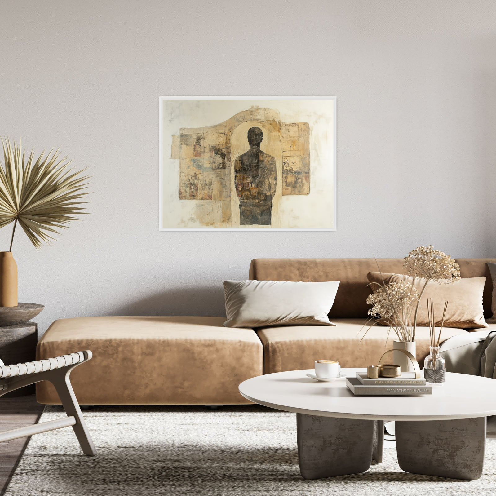 Abstract artwork of a human silhouette standing within a doorway shape, set against a textured neutral background with collage-like layers in earthy tones.