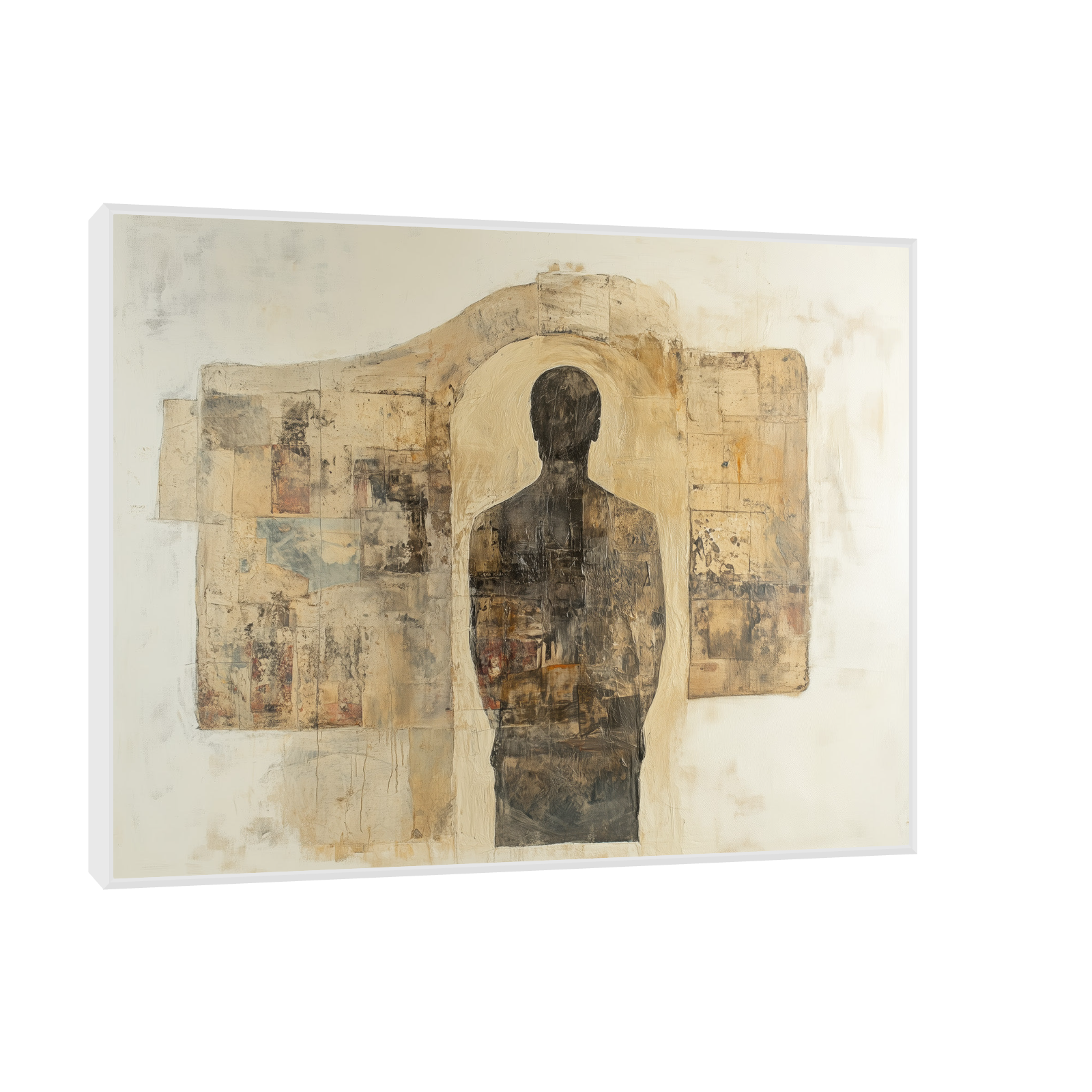 Abstract artwork of a human silhouette standing within a doorway shape, set against a textured neutral background with collage-like layers in earthy tones.