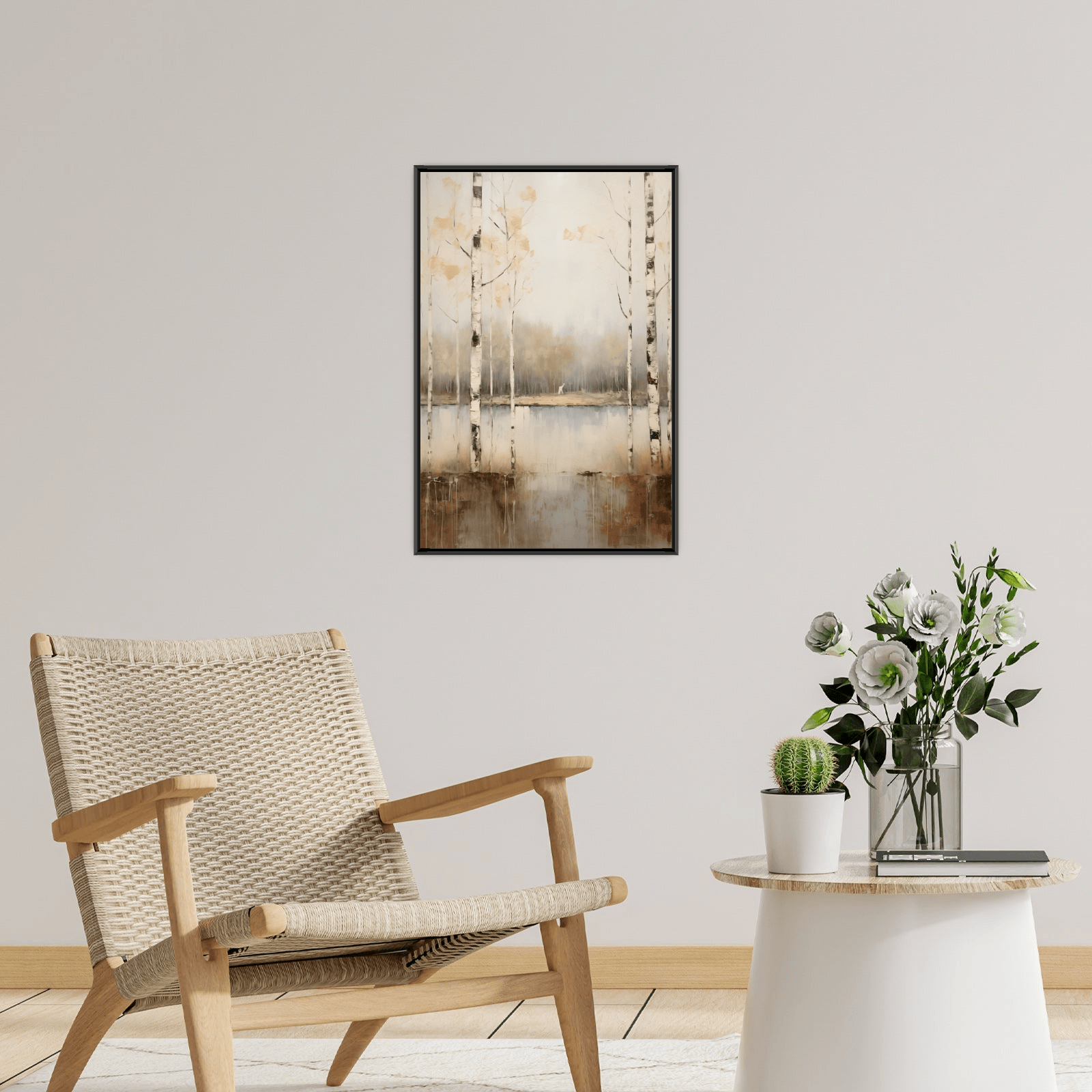 Lake within the birch forest in fall - ArtDeco Canvas