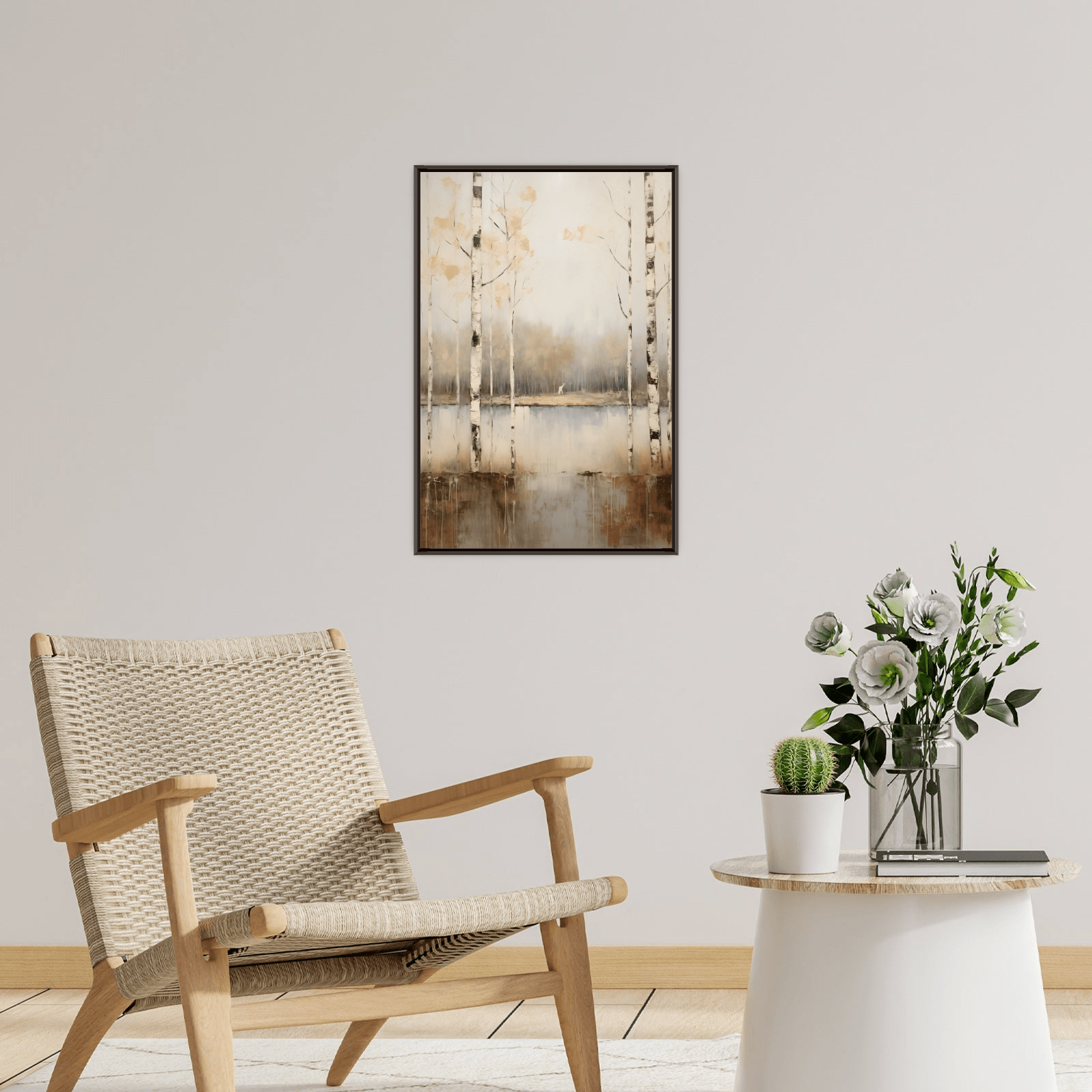 Lake within the birch forest in fall - ArtDeco Canvas