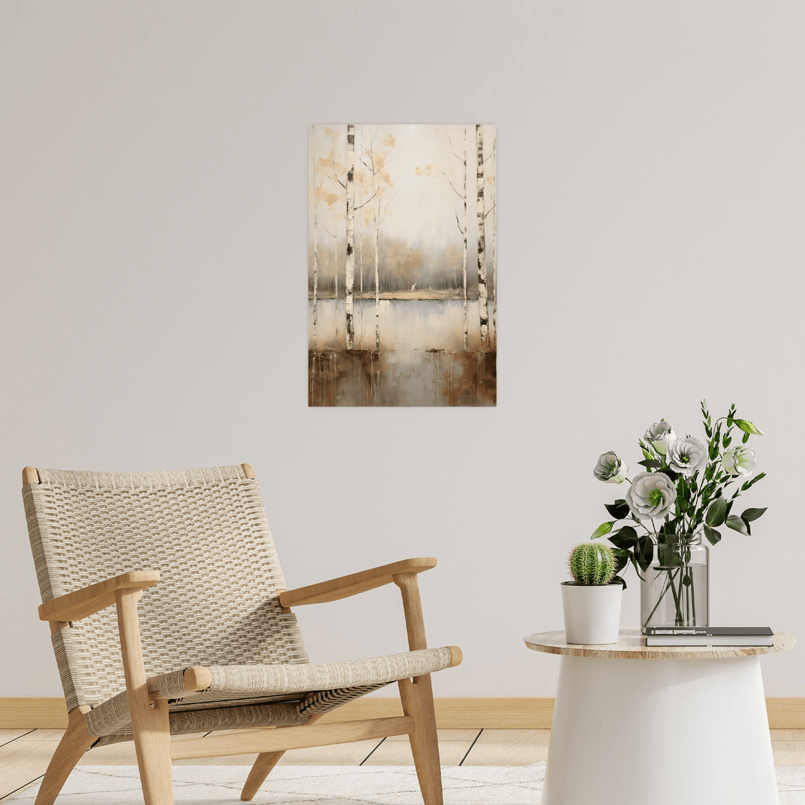 Lake within the birch forest in fall - ArtDeco Canvas