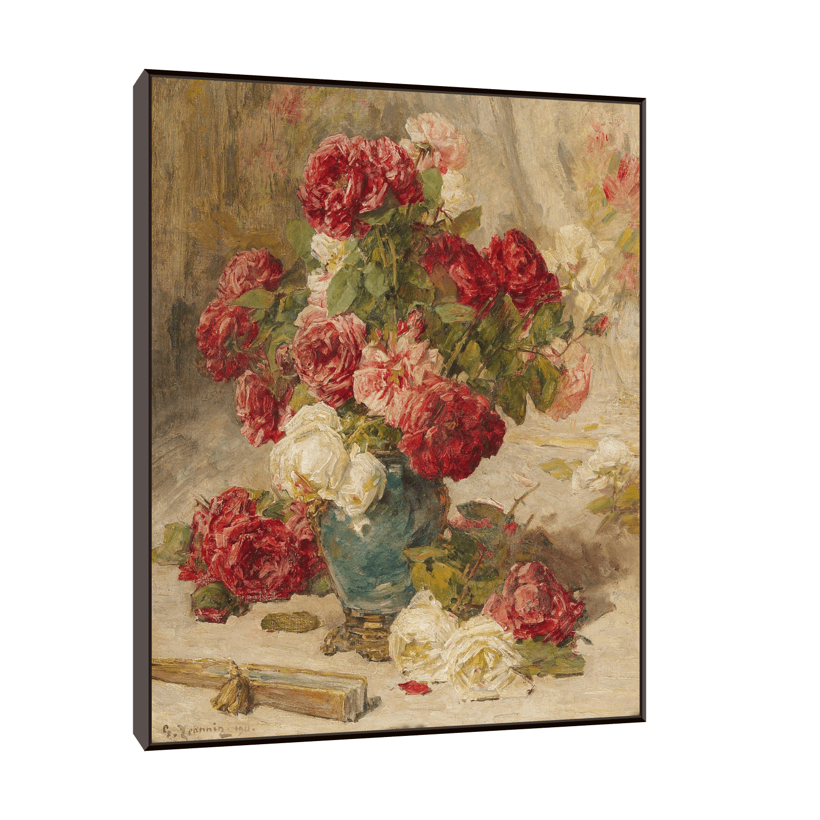 Roses in a vase and a fan, Georges Jeannin - ArtDeco Canvas