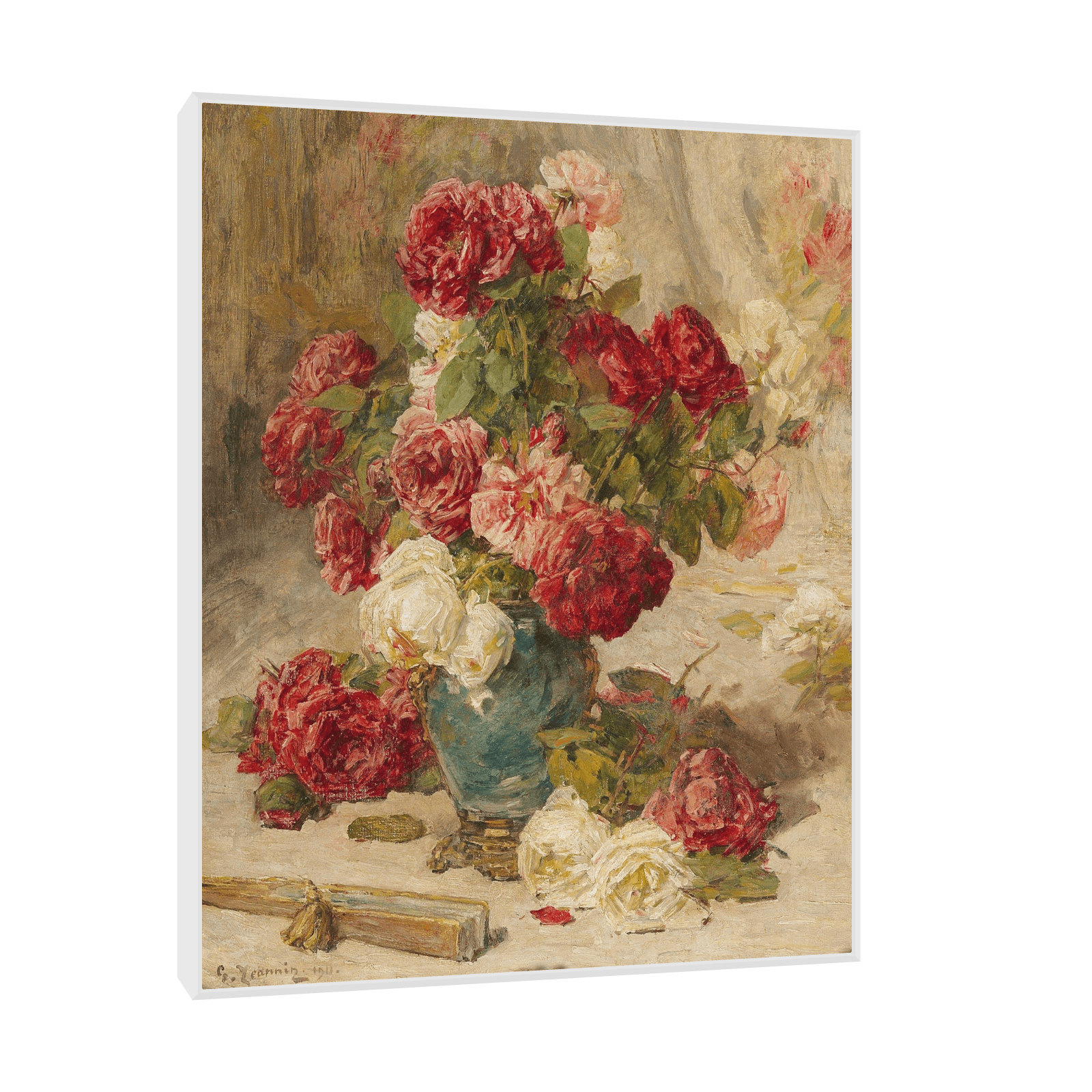 Roses in a vase and a fan, Georges Jeannin - ArtDeco Canvas