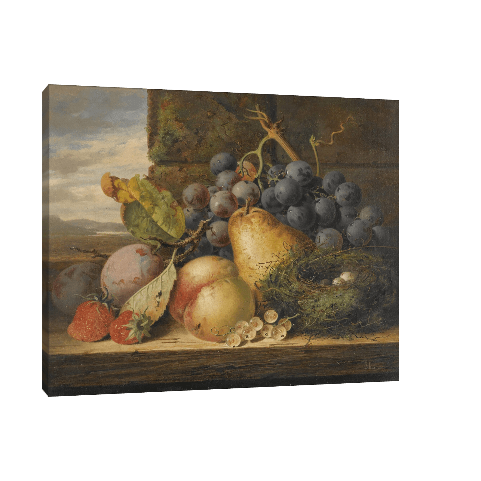 Still Life With A Bird’s Nest, A Pear, A Peach, Grapes, Strawberries And Plums, Edward Ladell - ArtDeco Canvas