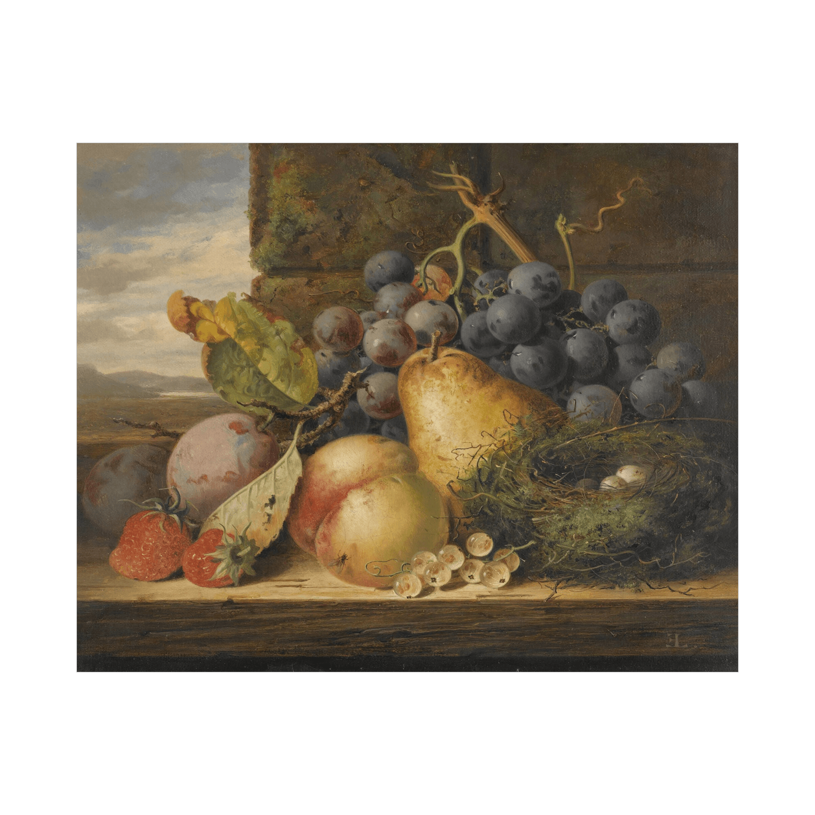 Still Life With A Bird’s Nest, A Pear, A Peach, Grapes, Strawberries And Plums, Edward Ladell - ArtDeco Canvas