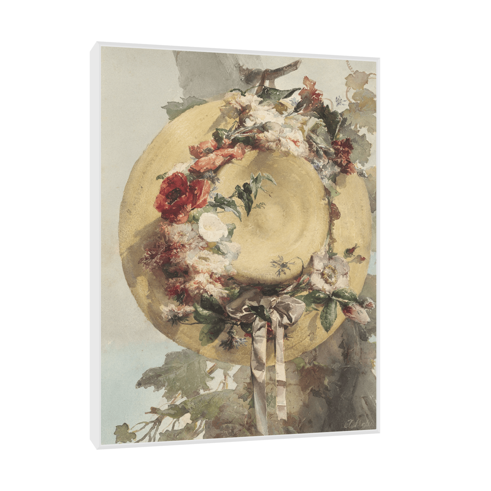 Straw Hat with Roses, Carnations, and Cornflowers, Angelo Rossi - ArtDeco Canvas