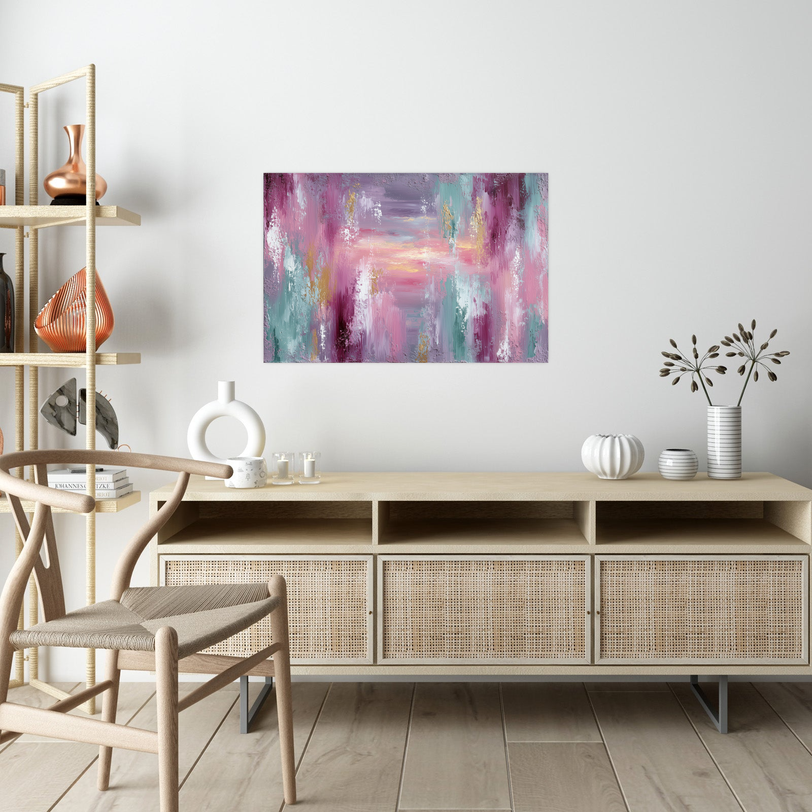 Textured Abstract Painting – Blush, Teal & Gold Tones