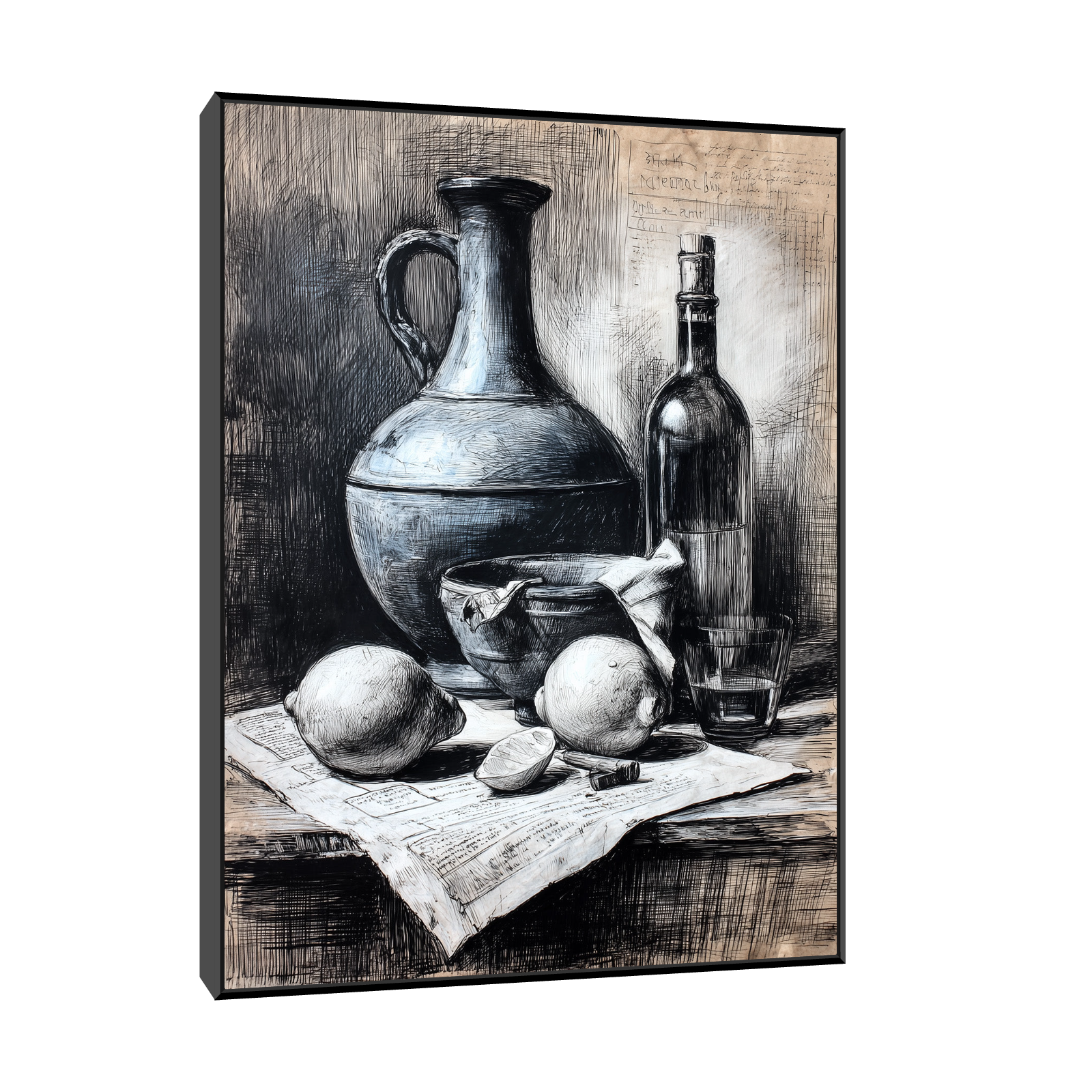 Vintage Still Life Drawing – Lemons, Jug, and Wine Bottle