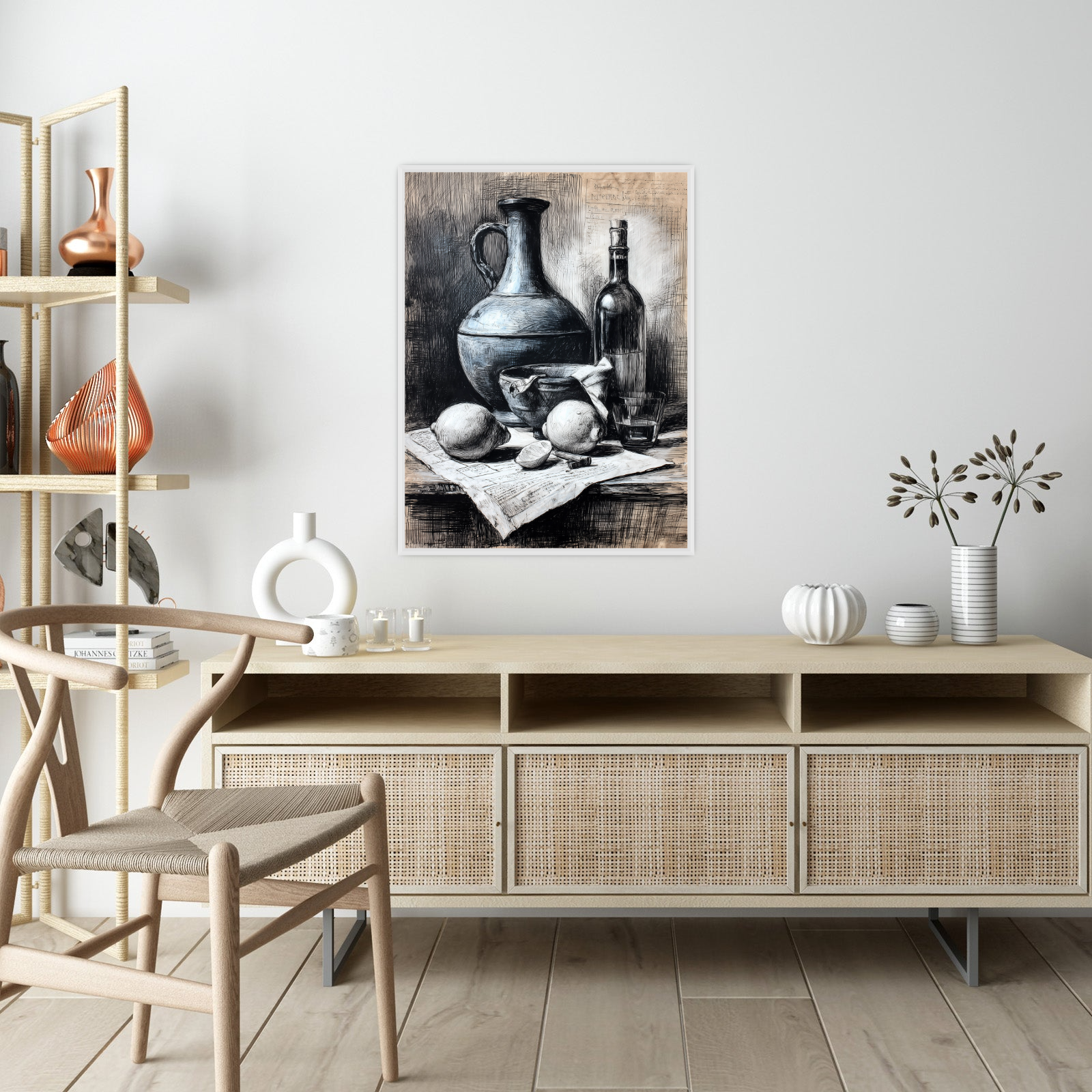 Vintage Still Life Drawing – Lemons, Jug, and Wine Bottle