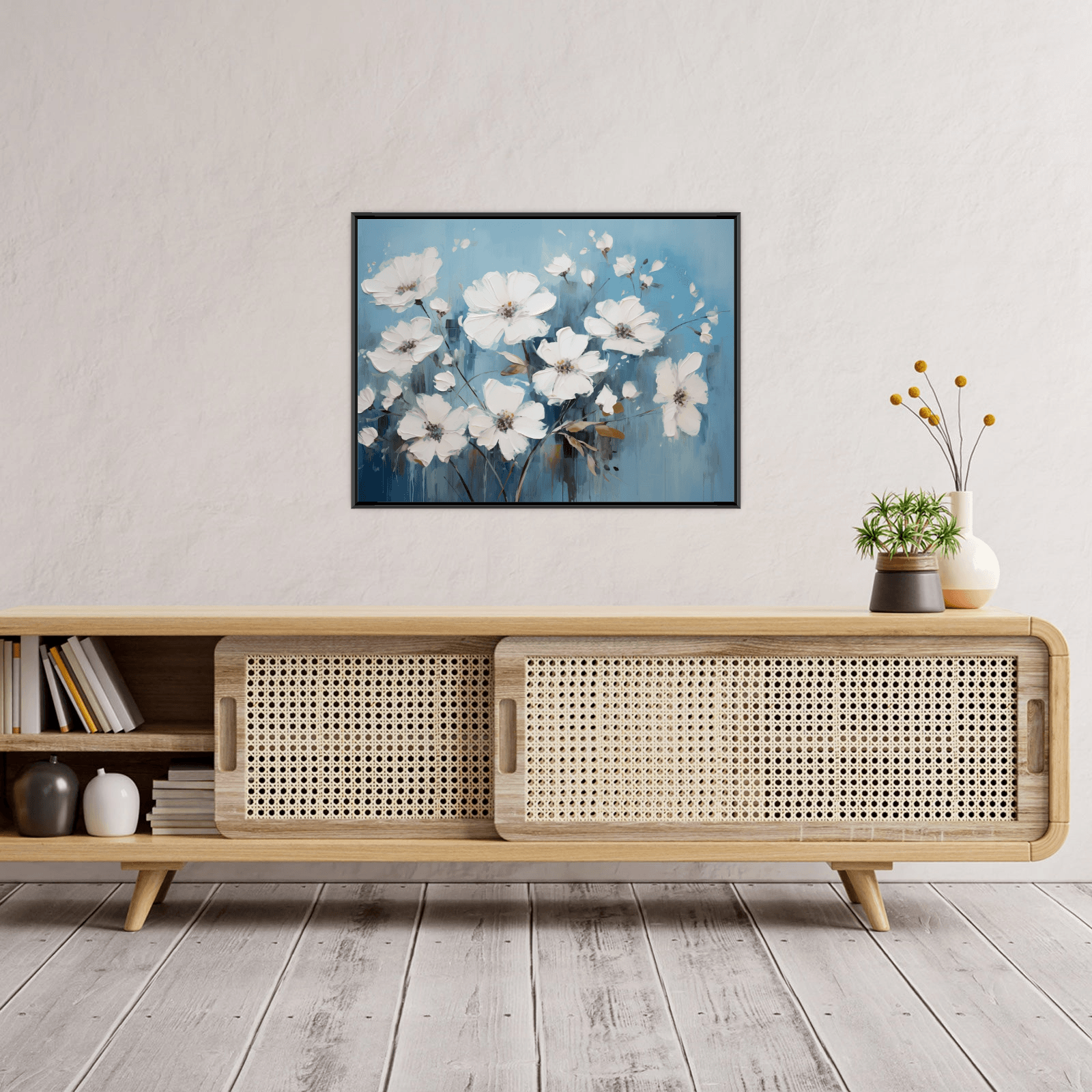 White flowers on the blue meadow - ArtDeco Canvas