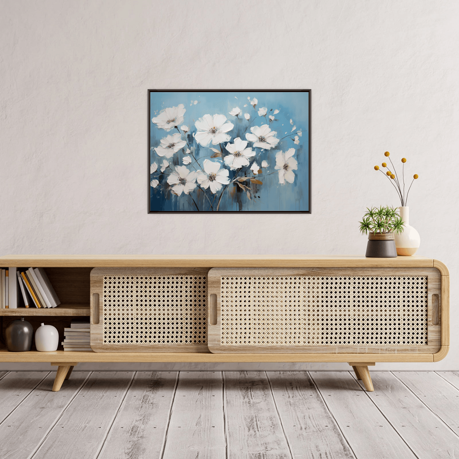 White flowers on the blue meadow - ArtDeco Canvas