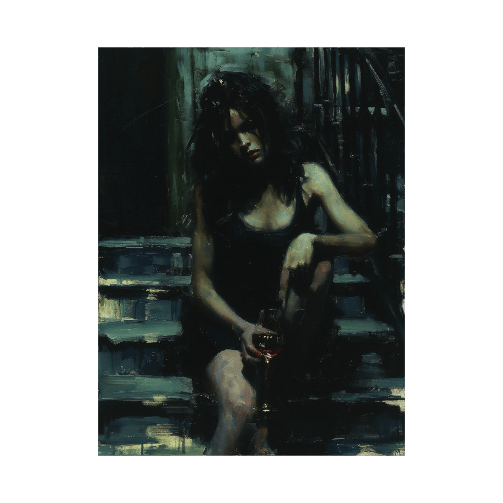 Woman with the glass of wine on the steps - ArtDeco Canvas