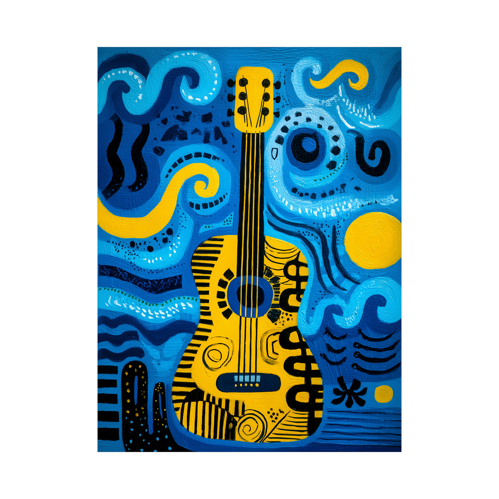 Abstract painting of a yellow guitar surrounded by swirling ocean waves and musical motifs in vibrant blue, black, and yellow tones.
