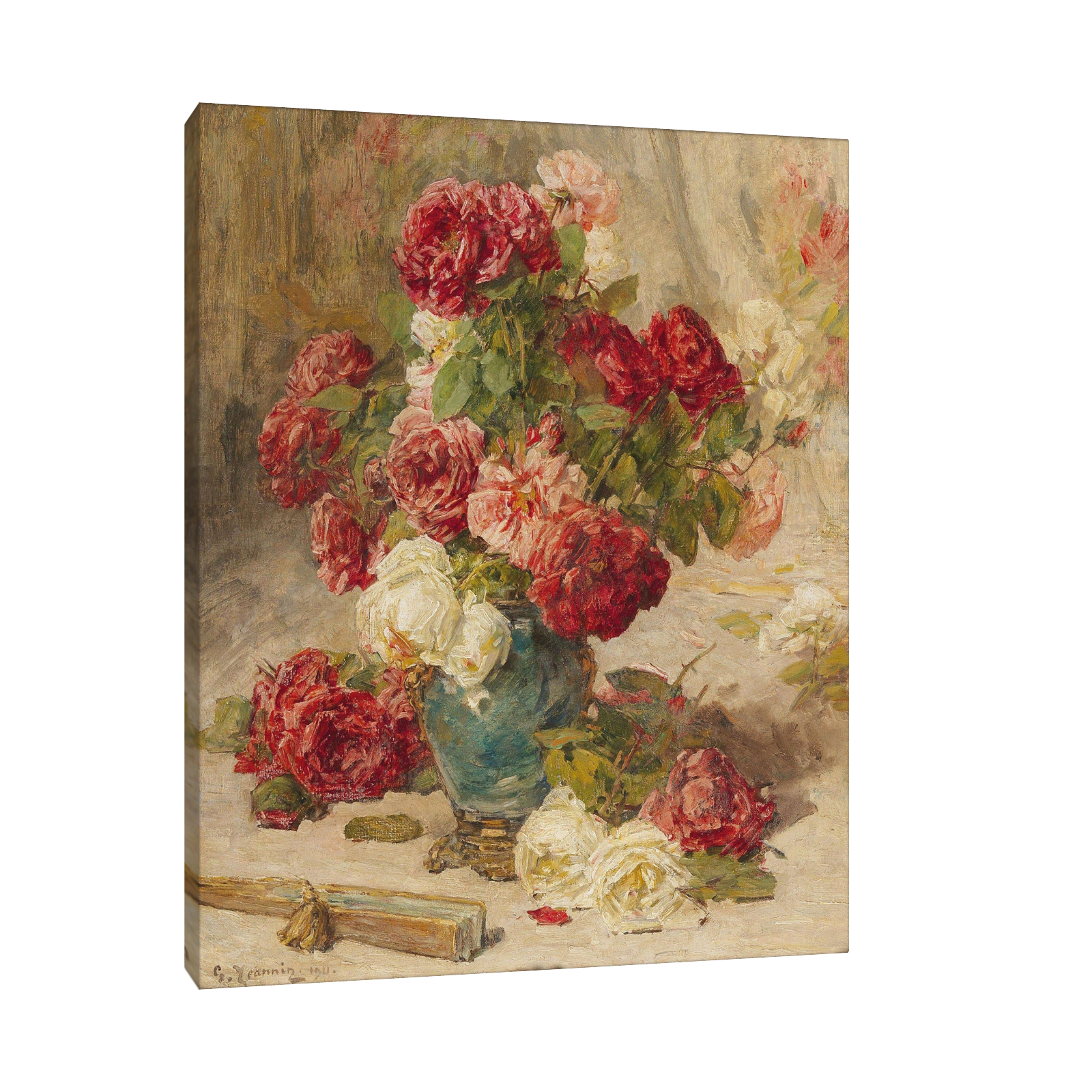A still life with roses in a vase and a fan, Georges Jeannin 