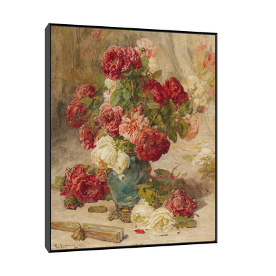A still life with roses in a vase and a fan, Georges Jeannin 
