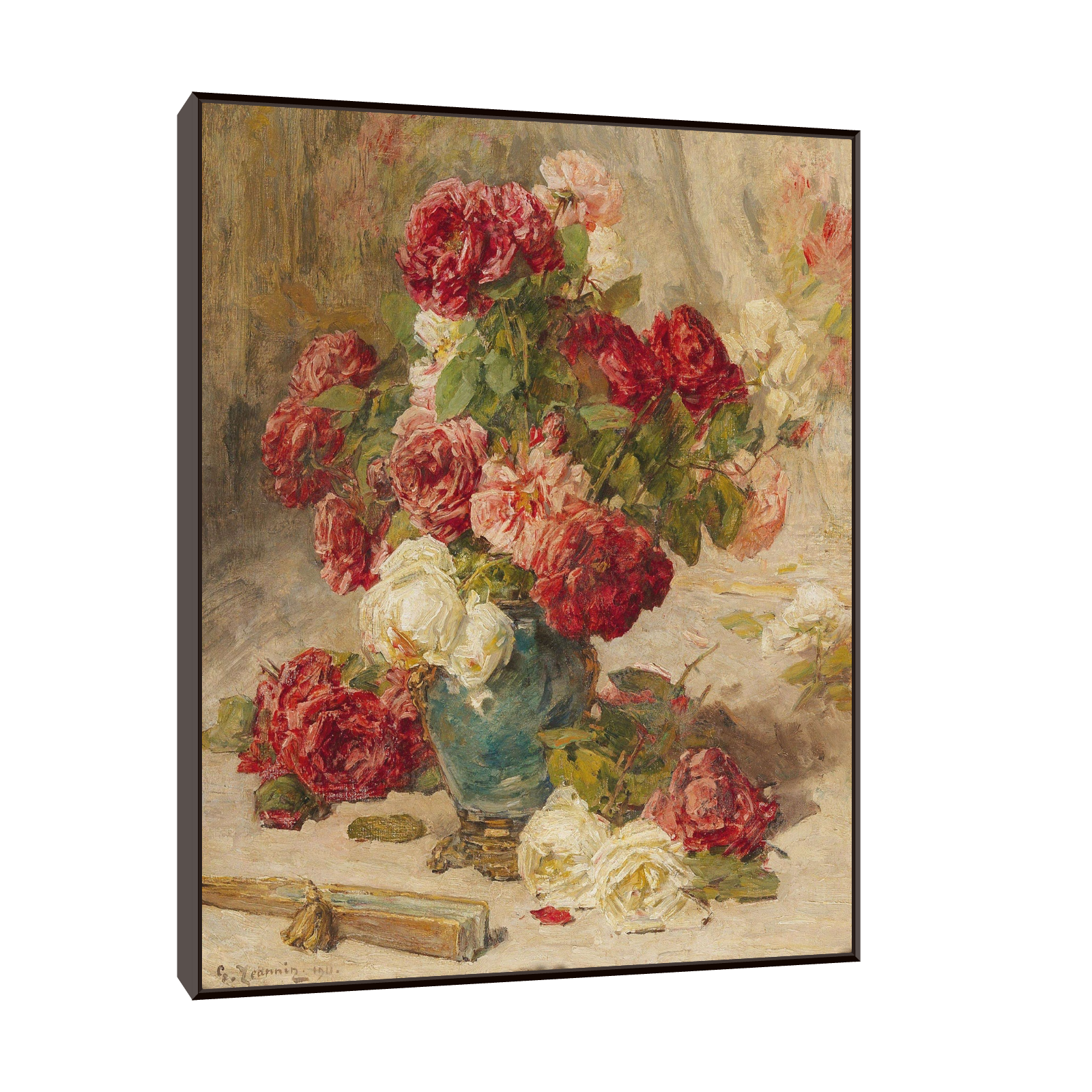 A still life with roses in a vase and a fan, Georges Jeannin 