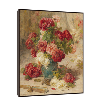 A still life with roses in a vase and a fan, Georges Jeannin 