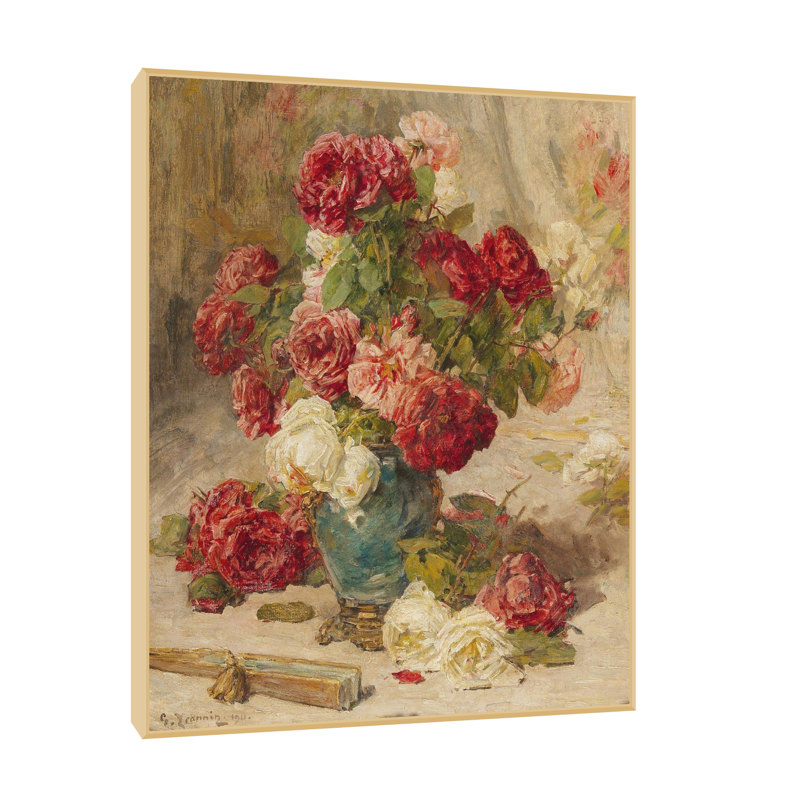 A still life with roses in a vase and a fan, Georges Jeannin 