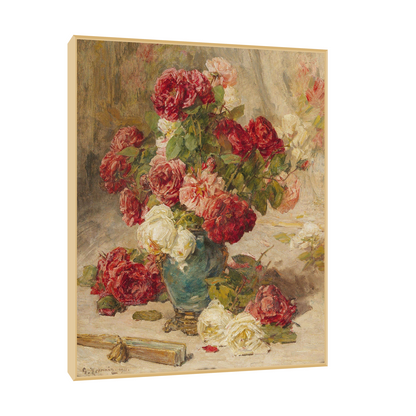 A still life with roses in a vase and a fan, Georges Jeannin 