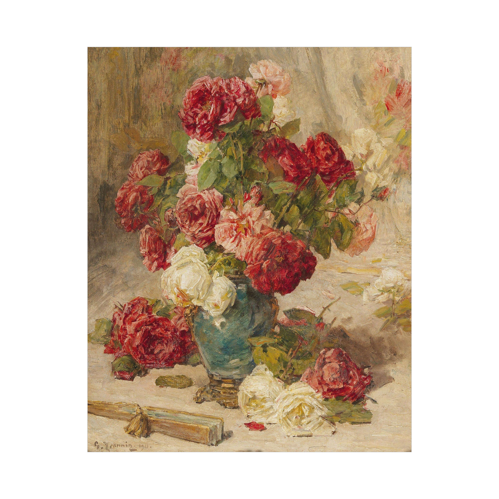 A still life with roses in a vase and a fan, Georges Jeannin 