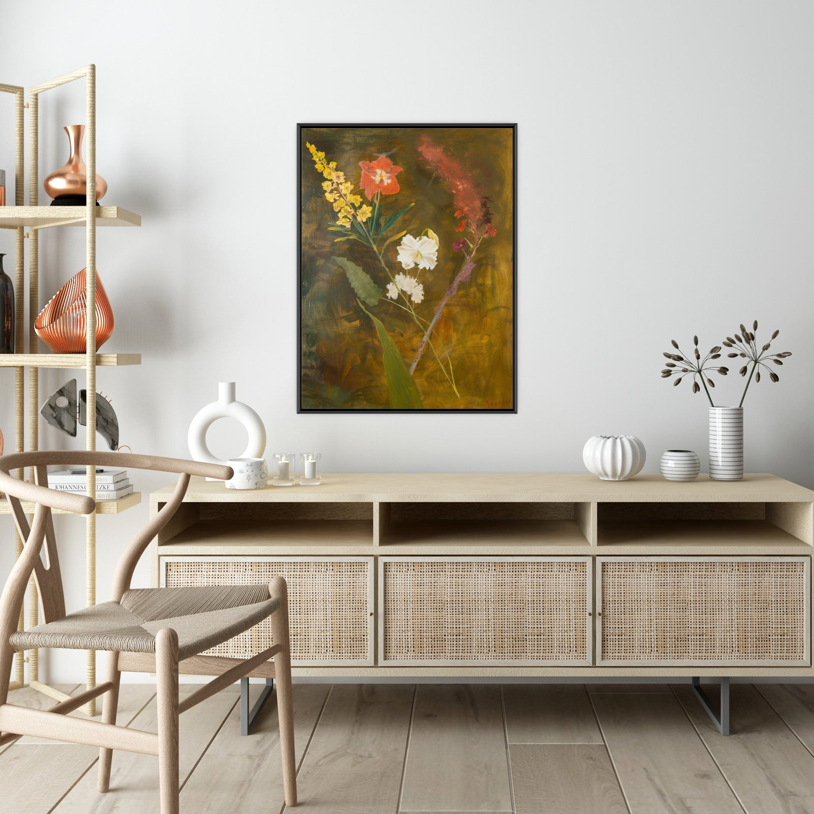 Floral arrangement on brownish background