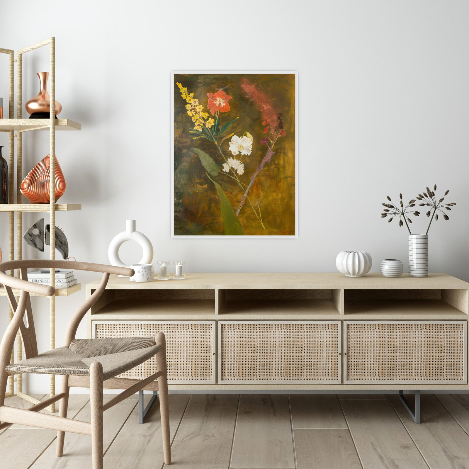 Floral arrangement on brownish background