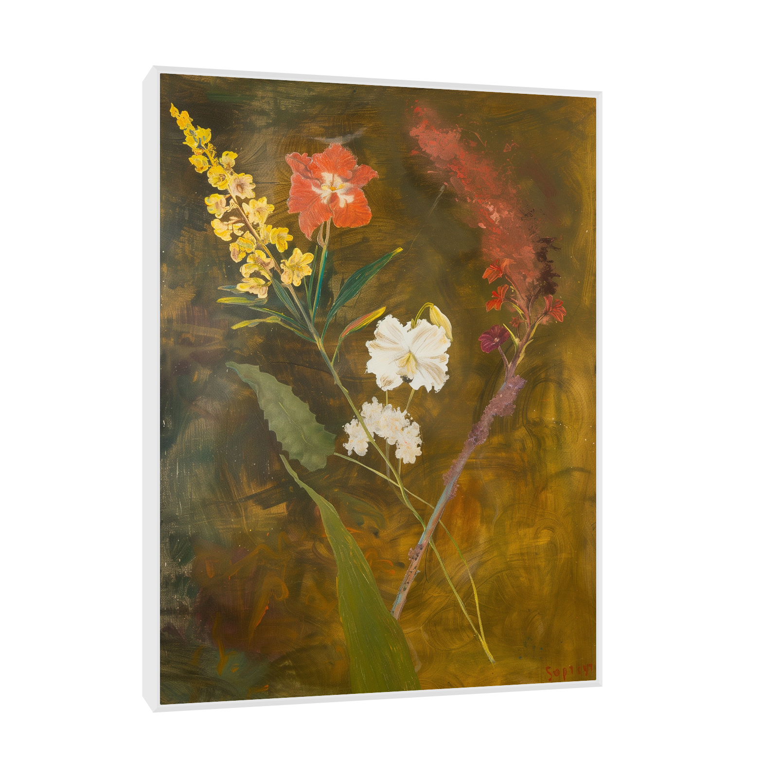 Floral arrangement on brownish background