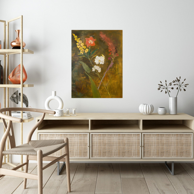 Floral arrangement on brownish background