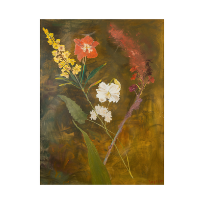 Floral arrangement on brownish background