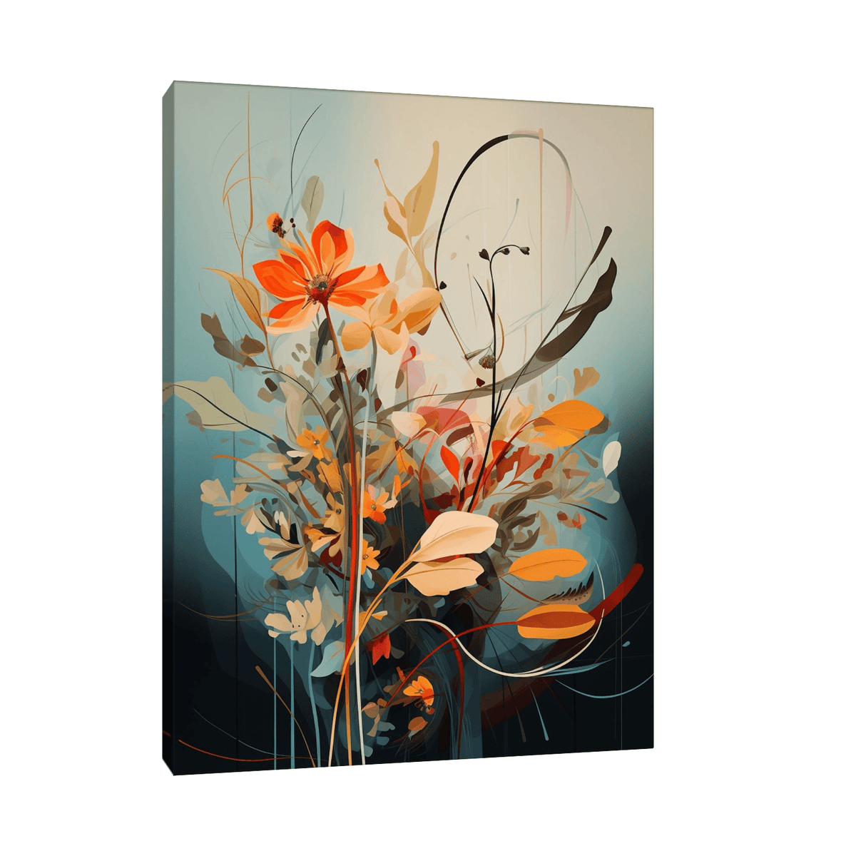 Flowers, leaves and branches on blue - ArtDeco Canvas