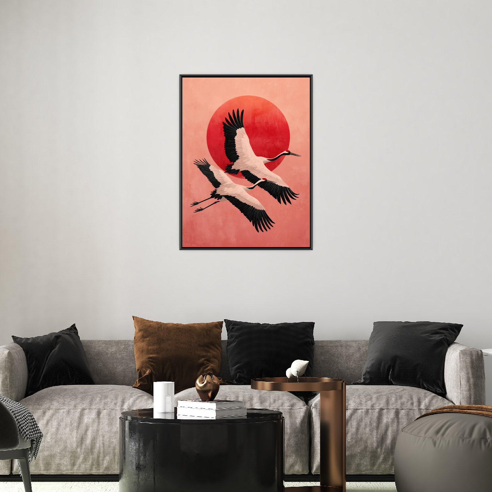 Flying Cranes – Japanese Minimalist Art with Red Sun
