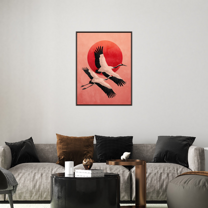 Flying Cranes – Japanese Minimalist Art with Red Sun