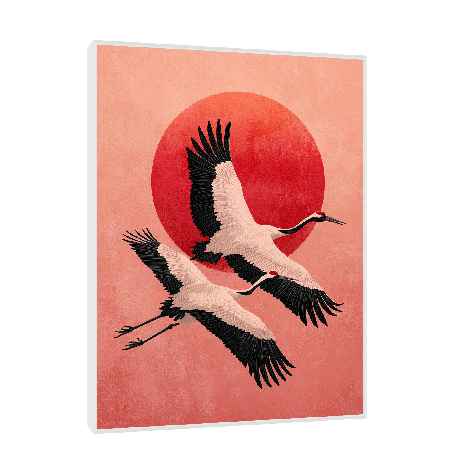 Flying Cranes – Japanese Minimalist Art with Red Sun