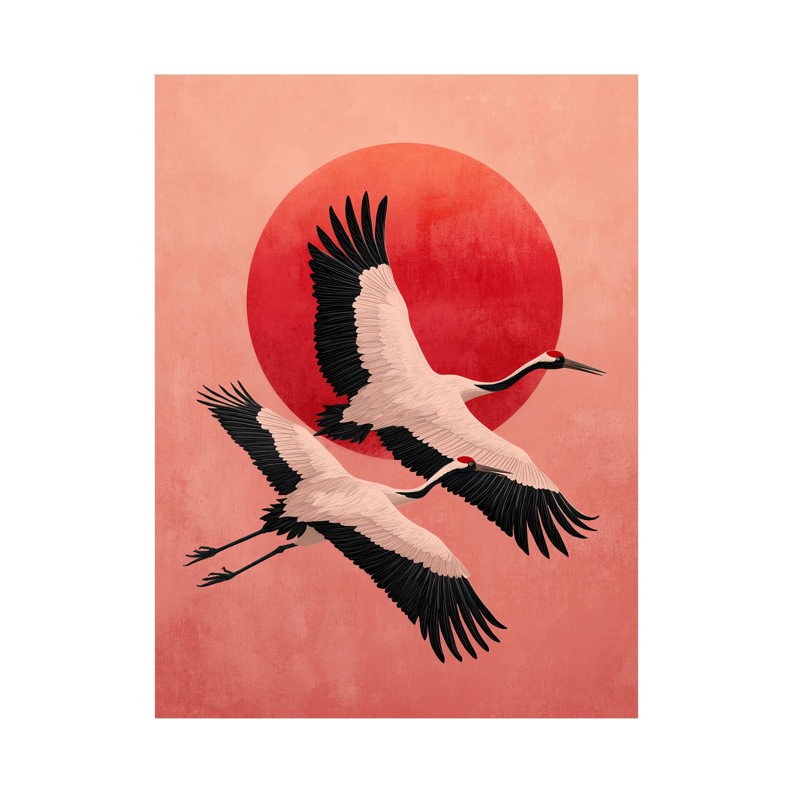Flying Cranes – Japanese Minimalist Art with Red Sun