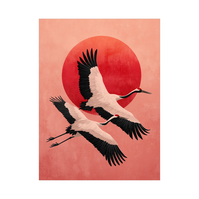Flying Cranes – Japanese Minimalist Art with Red Sun
