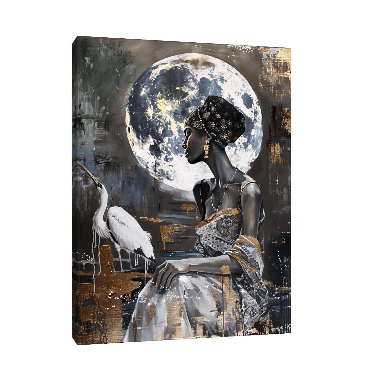 Girl with the heron in the moonlight - ArtDeco Canvas