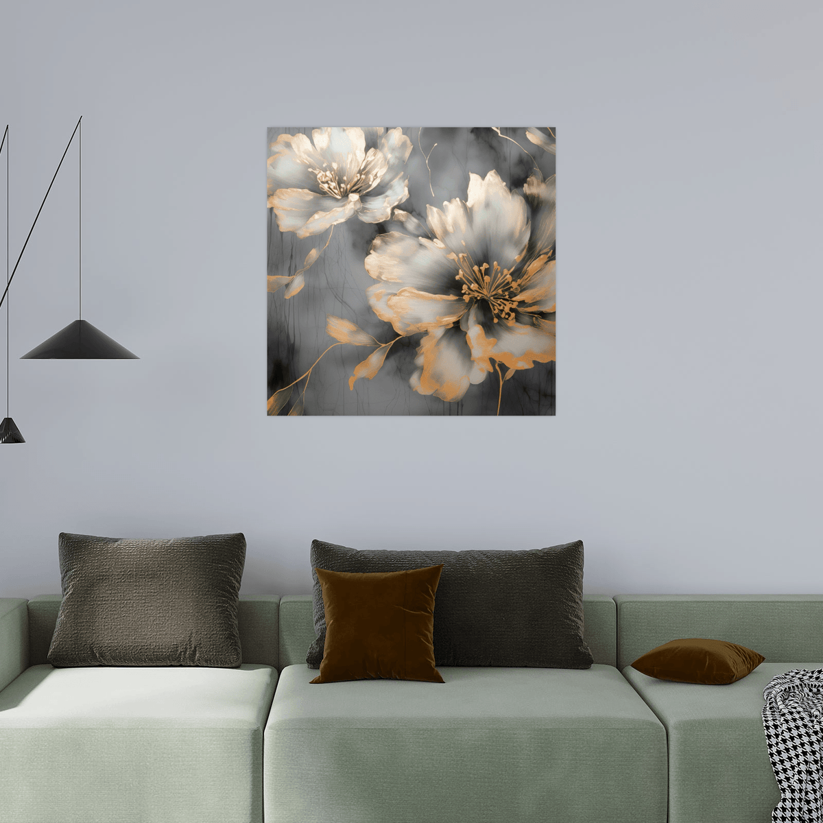 Grey flowers golden strokes - ArtDeco Canvas