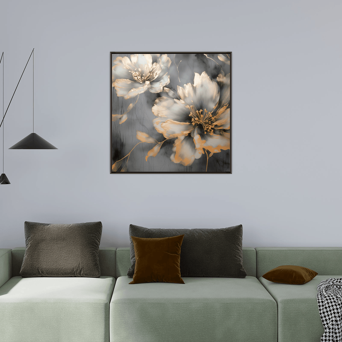 Grey flowers golden strokes - ArtDeco Canvas